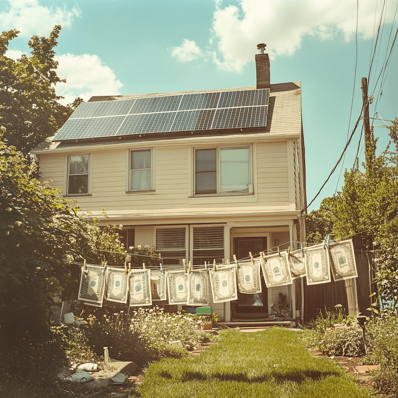 House with solar panels in bright sunlight