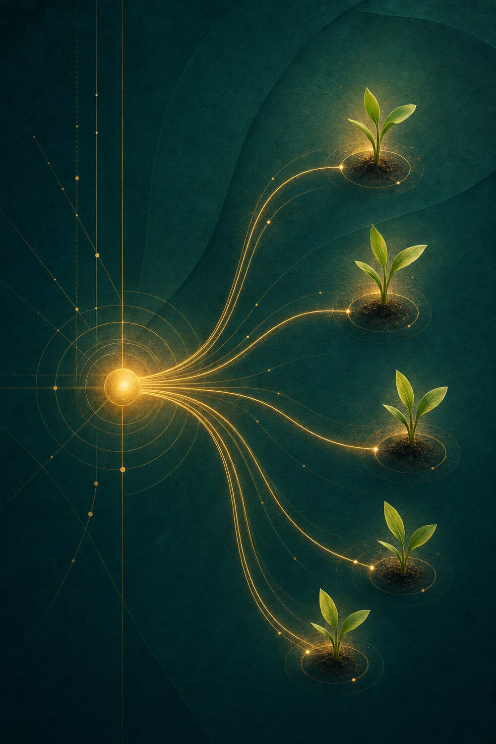Abstract illustration of warm light flowing from a single source out to several growing green shoots, representing cross-subsidy